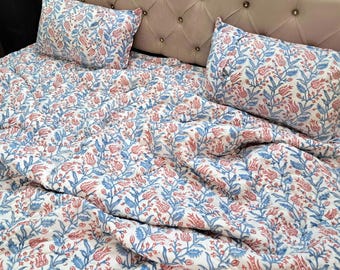 Hand Block Print Cotton Duvet Cover – Blue Pink Botanical Bedding
