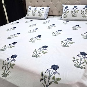 Block Print Blue Bed sheet Set - Bed Sheet with Pillow 2 Covers - Soft Breathable Cotton Bed sheet - Blue Bedspread with Shams TB-01
