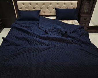 Navy Blue kantha Quilt, Handmade Super Soft Blanket, Twin, Queen, King Bedding