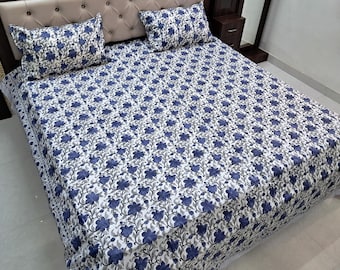 Elegancki zestaw pościeli z nadrukiem w bloki w kwiaty, bawełniany, niebieski | Miękka, oddychająca pościel z 2 poszewkami na poduszki | Podwójne łóżko Queen King, prezent wielkanocny dla niej