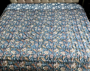 Luxury Jaipur Floral Block Print Cotton Quilt | Handmade Indian Kantha Bedspread | Boho Bedding Throw | Mother&#39;s Day & Housewarming Gift