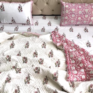 Boho Floral Cotton Comforter Set | Reversible Pink White Bedding with Shams, Mother's Day Gift, Cozy Home Decor, Twin/Queen/King Sizes