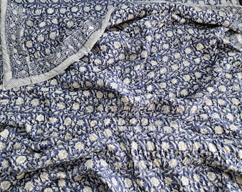 Indian Block Print Kantha Quilt, Blue Floral Cotton Coverlet, Lightweight Bedding