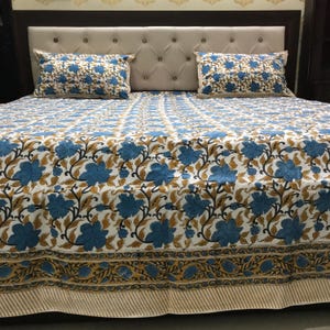 Handmade Block Floral Print Bed Sheet Set | Bohemian Cotton Bed Cover & 2 Pillow Shams Soft Twin, Queen, King Bedding | Easter Gift for Her