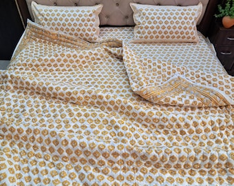 Jaipur Block Print Kantha Quilt, Handmade Yellow Quilted Bedspread