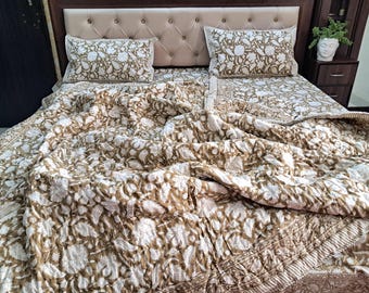 Hand Block Print Brown Cotton Quilt | Handmade Boho Bedding
