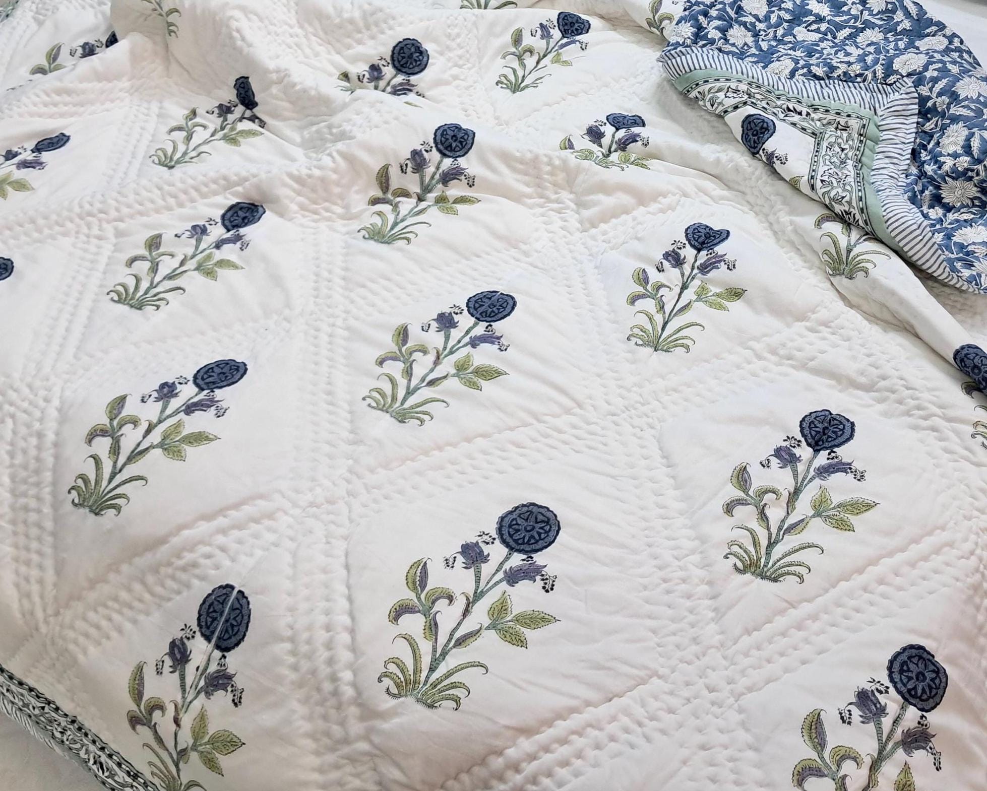 Luxury Block Print Cotton Bedding Throw | Reversible Handmade Quilt | Midnight Blue Comforter | Mother’s Day & Housewarming Gift for Her