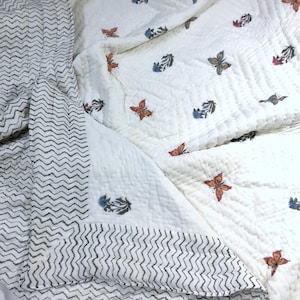 Luxury Jaipuri Razai Quilt | White Butterfly Block Print Reversible Cotton Quilt | Warm Winter Bedspread | Handmade Indian Home Decor