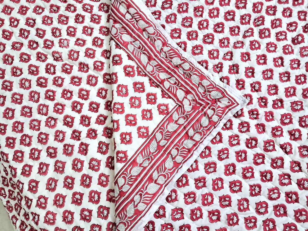 Red Razai Indian Block Print Quilt Jaipuri Razai: Red Floral Quilted Blanket ...