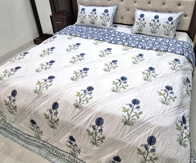 Blue Hand Block Print Comforter Set Warm Cotton Quilt Bed Sheet 2 Shams ...