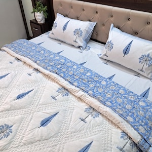 Dekbedset met blokprint | Handgemaakte omkeerbare bloemenkatoen Razai | Kingsize quilt en sprei | Boho dekbedovertrek beddengoed paascadeau