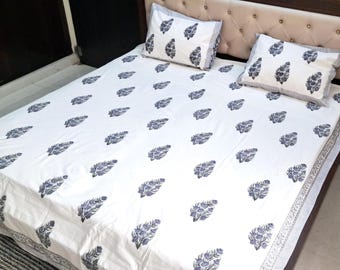 Hand Block Floral Print Bed Cover , Flat Bed Sheet with 2 Pillow cover, Cotton Hand Printed Bedsheet Set, Handmade Jaipuri Print Bed Sheet