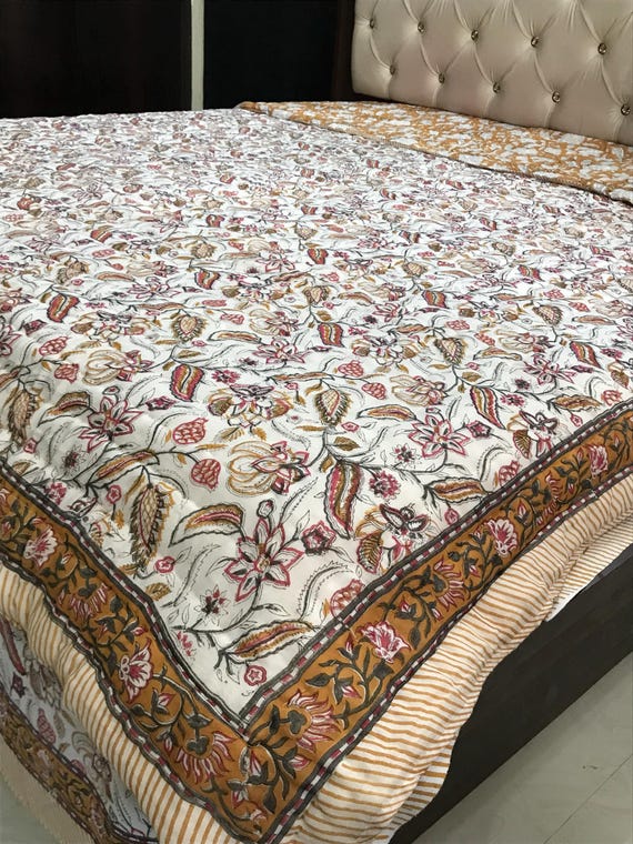 Luxury Handmade White Yellow Floral Cotton Quilt Block Print