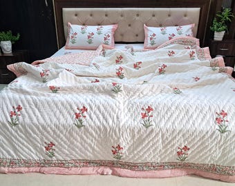 Hand Block Printed Cotton Quilt Comforter, Soft Peach Pink Handmade Bedspread