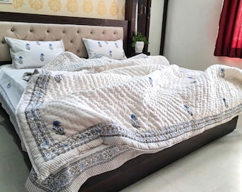 Blue and White Floral Block Print Cotton Bedding Set, Traditional Botanical Flat Sheet & Duvet cover, Cottagecore Comforter Home Decor Gift