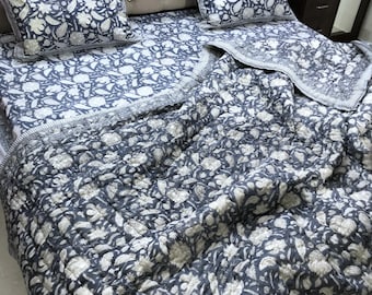 Blue Floral Duvet Cover: Hand Block Print Cotton Comforter Cover, Reversible Boho Bedding