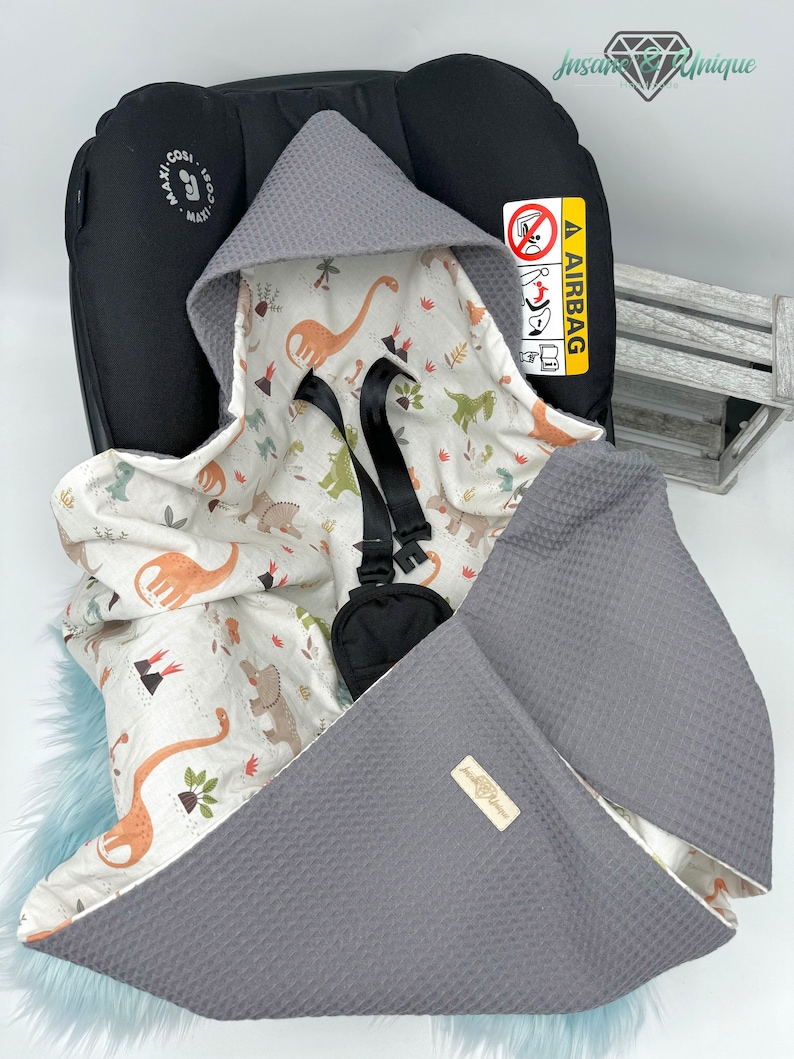 Wrap blanket for baby car seat 3-point belt system with hood / Can be personalized with name / Gift for birth / Waffle piqué & poplin / XL image 1