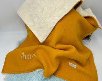 Walk blanket with teddy fur 100% virgin wool/wool blanket/stroller blanket/customizable with name/individual/birth gift