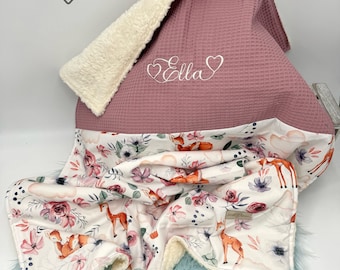 Couverture pour bébé avec fourrure en peluche, piqué gaufré & popeline/couverture rampante/couverture câline/couverture de poussette/personnalisable avec nom/individuel