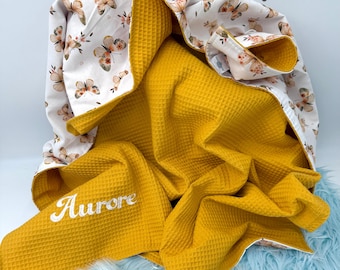 Personalized baby blanket embroidered with name • Waffle pique poplin muslin • Gift for birth, christening, girl, boy • Soft pink handmade blanket