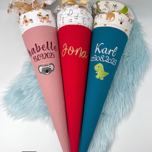 Cône d'école personnalisé en piqué gaufré et popeline • Cadeau d'inscription scolaire avec nom + motif • Sélection de tissus • Coussin utilisable • Pièce unique faite à la main