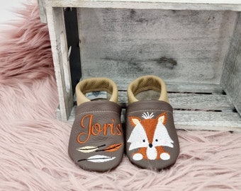 Leather slippers crawling shoes crawling slippers leather shoes first walker shoes personalized with name "motif+colors selectable bear" fox