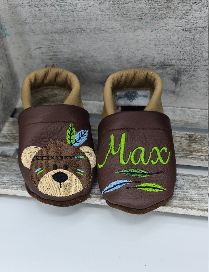 Lederpuschen Krabbelschuhe Krabbelpuschen Lederschuhe Lauflernschuhe personalisiert mit Namen MotivFarben wählbär Boho Reh Bild 5