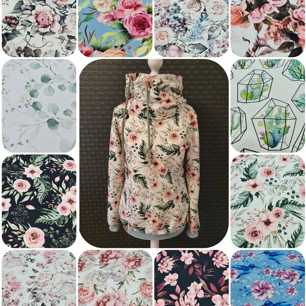 Hoodie Damen Kapuzenpulli Sweatshirt Frauen Sommersweat Frühling Blumen / alle Größen/ Stoff wählbar Größe 32-54 /neue Stoffe