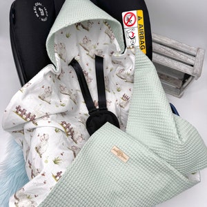 Wrap blanket for baby seat 3-point belt system with hood / Personalizable with name / Birth gift / Waffle piqué & poplin