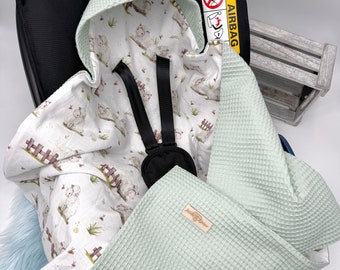 Wrap blanket for baby seat 3-point belt system with hood / Personalizable with name / Birth gift / Waffle piqué & poplin