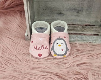 Leather slippers crawling shoes crawling slippers leather shoes first walker shoes personalized with name "motif+colors selectable bear" penguin