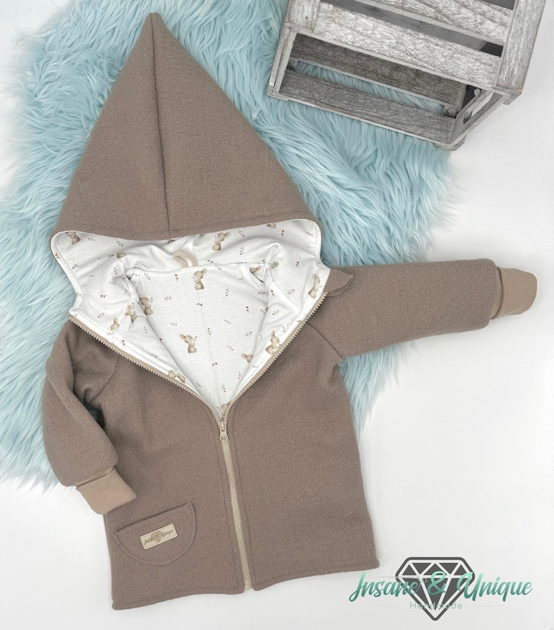 Walk jacket / walk coat for children, babies lined / many fabrics to choose from / tip or round hood, all freely selectable : Forest animals / teddy fur image 2