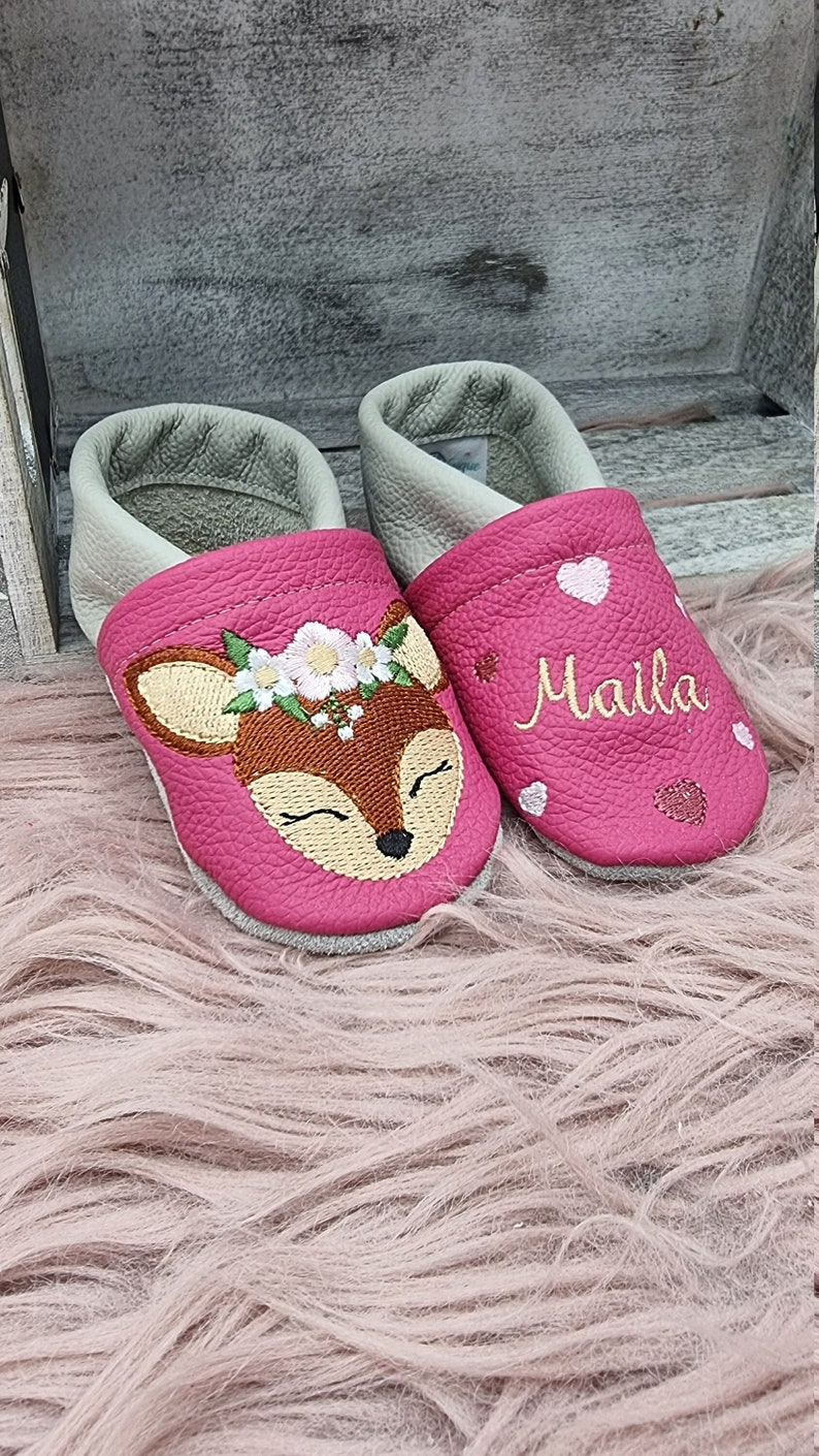 Lederpuschen Krabbelschuhe Krabbelpuschen Lederschuhe Lauflernschuhe personalisiert mit Namen MotivFarben wählbär Boho Reh Bild 3