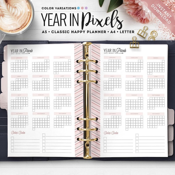 2022 Year in Pixels, Year Tracker, Year at a Glance, Happy Planner Insert, A5 Planner Insert, Year in Pixels, Mood Tracker, Minimal Planner