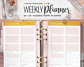 May include: A pink and yellow weekly planner with gold rings. The planner has sections for Monday through Sunday, priorities of the week, things to get done, important dates and events, and appointments.