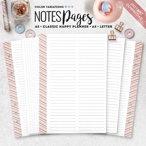 Puede incluir: Páginas de notas imprimibles con líneas en tamaños A5, Classic Happy Planner, A4 y Letter. Las páginas tienen un borde rayado rosa y blanco. El texto "NOTES Pages" está escrito en cursiva negra.