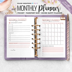 Könnte beinhalten: Ein lilafarbener Taschenplaner mit einem goldenen Ringmechanismus. Der Planer enthält einen Monatskalender, eine To-Do-Liste und einen Notizbereich. Der Text auf dem Cover lautet "MONTHLY Planner".