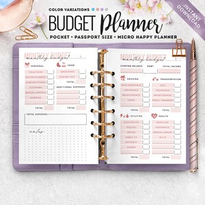 May include: A printable budget planner with pink and white accents. The planner is divided into two sections: "Monthly Budget" and "Monthly Budget". The left side includes categories for personal expenses, such as toiletries, entertainment, and clothing. The right side includes categories for housing, transportation, utilities, and health.
