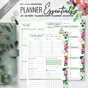 May include: A printable planner page with a floral design. The page includes sections for to-do lists, appointments, important events, and a weekly and monthly planner. The text "Botanical Collection Planner Essentials" is at the top of the page.