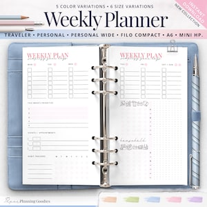 May include: A weekly planner with a pink and white design. The planner has a section for weekly plans, this week's priorities, events and appointments, and habit trackers. The planner is open to show the pages for Thursday, Friday, Saturday, and Sunday. The planner is in a blue binder.