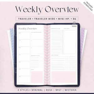 Puede incluir: Un planificador semanal con el texto "Weekly Overview" e "Instant Download". El planificador está abierto, mostrando una doble página con secciones para prioridades diarias, listas de tareas y seguimiento de hábitos. El diseño incluye acentos rosas y grises.