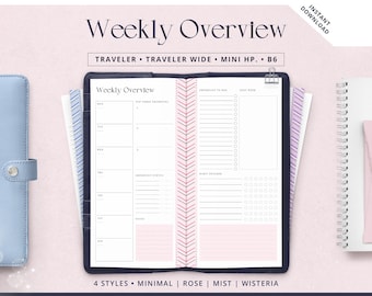 Weekly Planner Inserts, Minimalist PDF Printable for B6, Traveler's Wide, Mini HP