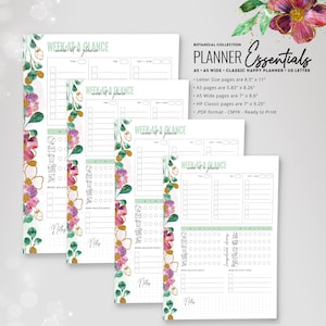 May include: Four printable planner pages with a floral design featuring pink and purple flowers, green leaves, and gold glitter. The pages are titled "Week at a Glance" and include sections for daily tasks, work-related goals, and notes. The text "Botanical Collection Planner Essentials" is at the top of the page, along with information about the different page sizes available.