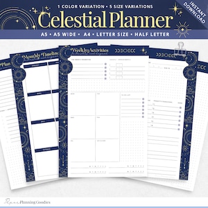 May include: A celestial-themed planner with a navy blue and gold design. The planner includes monthly and weekly activity pages, with space for appointments and to-do lists. The text on the planner reads "Celestial Planner" and includes size variations.