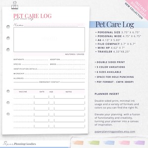 Puede incluir: Planificador de inserci&oacute;n de registro de cuidado de mascotas imprimible con un dise&ntilde;o rosa y blanco. El planificador incluye secciones para informaci&oacute;n de mascotas, registros de vacunaci&oacute;n y notas. Est&aacute; disponible en seis tama&ntilde;os y cinco variaciones de color. El texto "Pet Care Log" est&aacute; en rosa.