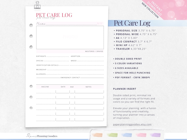 Puede incluir: Planificador de inserci&oacute;n de registro de cuidado de mascotas imprimible con un dise&ntilde;o rosa y blanco. El planificador incluye secciones para informaci&oacute;n de mascotas, registros de vacunaci&oacute;n y notas. Est&aacute; disponible en seis tama&ntilde;os y cinco variaciones de color. El texto "Pet Care Log" est&aacute; en rosa.