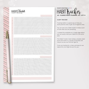 May include: A printable habit tracker template with a pink and black striped background. The template is designed for tracking habits for an entire year. The text "HABIT Tracker" is at the top of the page. The text "SLEEP TRACKER" is at the top of the page.