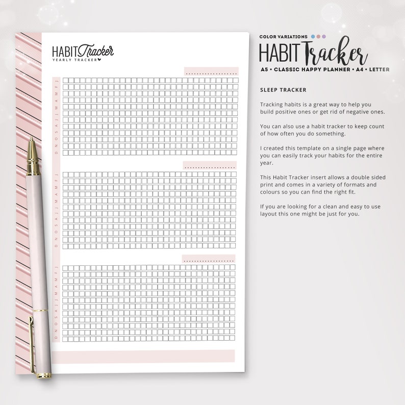 May include: A printable habit tracker template with a pink and black striped background. The template is designed for tracking habits for an entire year. The text "HABIT Tracker" is at the top of the page. The text "SLEEP TRACKER" is at the top of the page.