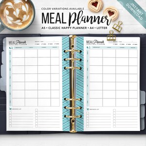 May include: A meal planner with a blue and white design, featuring the text "MEAL Planner." The planner includes sections for breakfast, lunch, dinner, and snacks, with a grocery list. The planner is A5, Classic Happy Planner, and A4 Letter size.