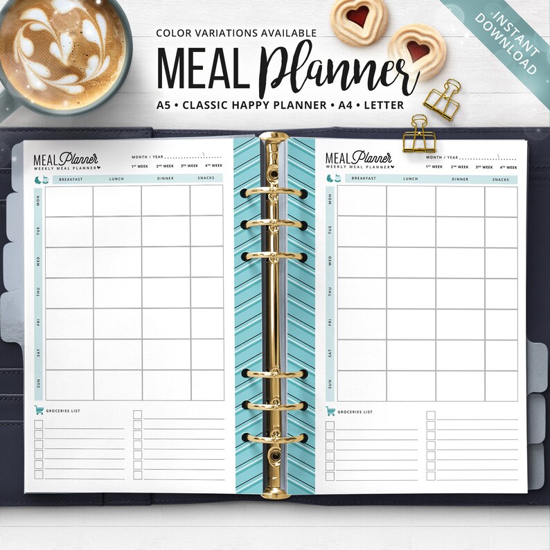 May include: A meal planner with a blue and white design, featuring the text "MEAL Planner." The planner includes sections for breakfast, lunch, dinner, and snacks, with a grocery list. The planner is A5, Classic Happy Planner, and A4 Letter size.